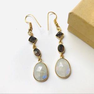 Rainbow Moonstone & Smokey Quartz Gold Earrings
